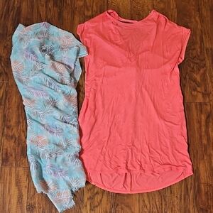 Coral T-Shirt Dress and Patterned Kimono Set